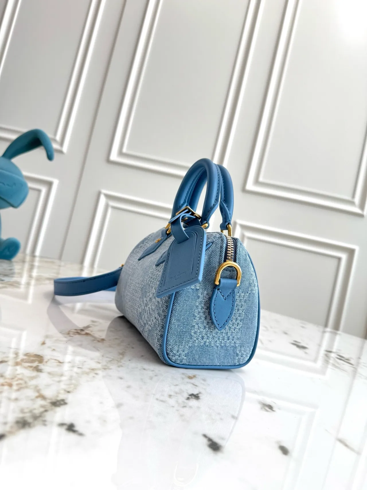 Louis Vuitton شكل برميل منظم نسيج الدنيم مونوغرام جاكارد حقيبة بوسطن 8