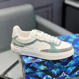 Louis Vuitton White Green Monogram-Embossed Leather Sage Suede Panels Lifestyle Sneakers