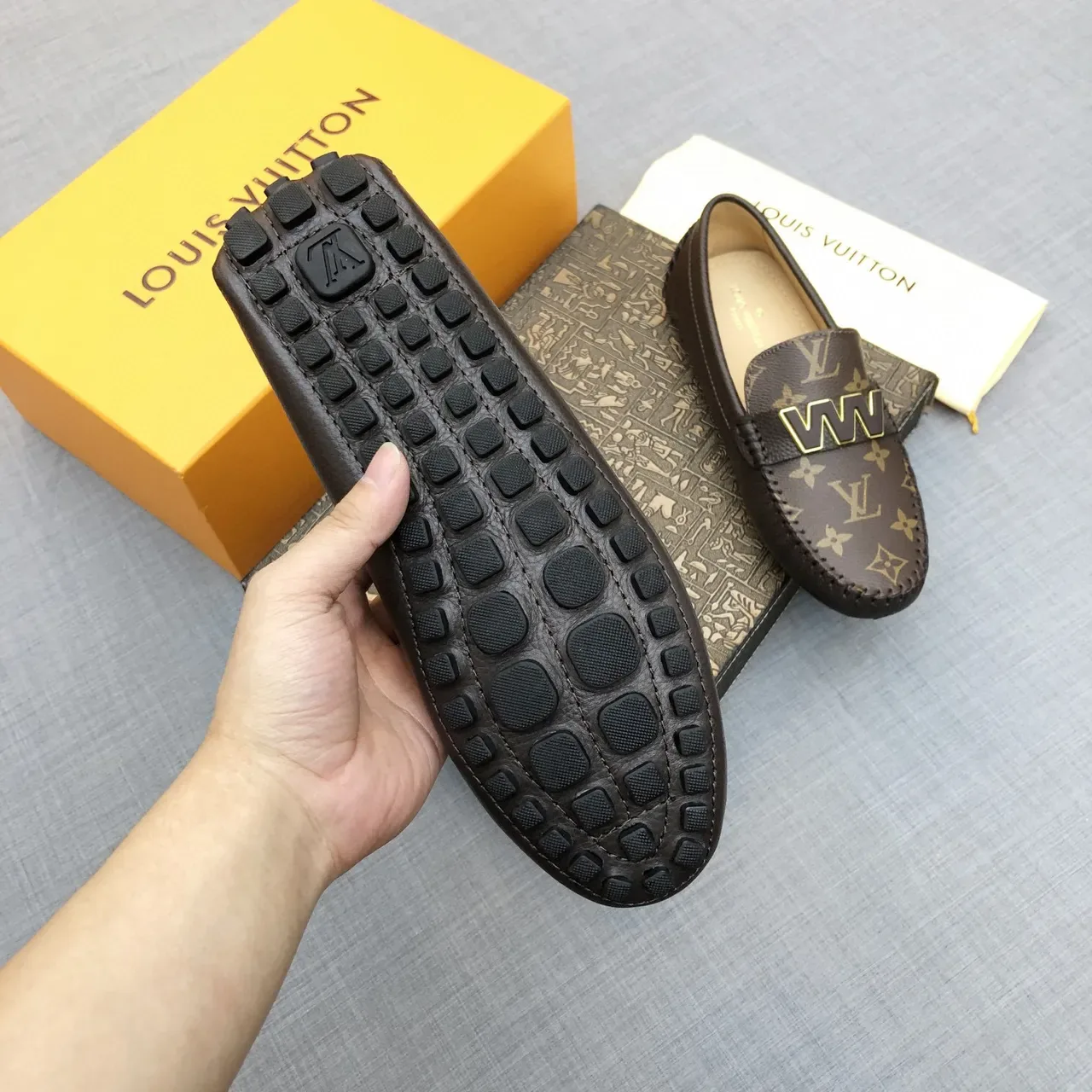 Louis Vuitton WW Buckle Loafer Brown Beige Monogram Canvas Upper Black Leather Trim Loafer 7