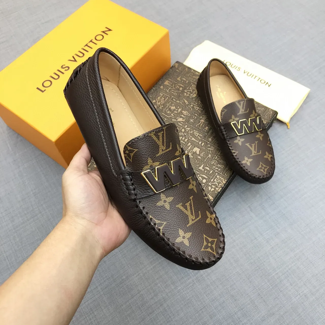 Louis Vuitton WW Buckle Loafer Brown Beige Monogram Canvas Upper Black Leather Trim Loafer 8