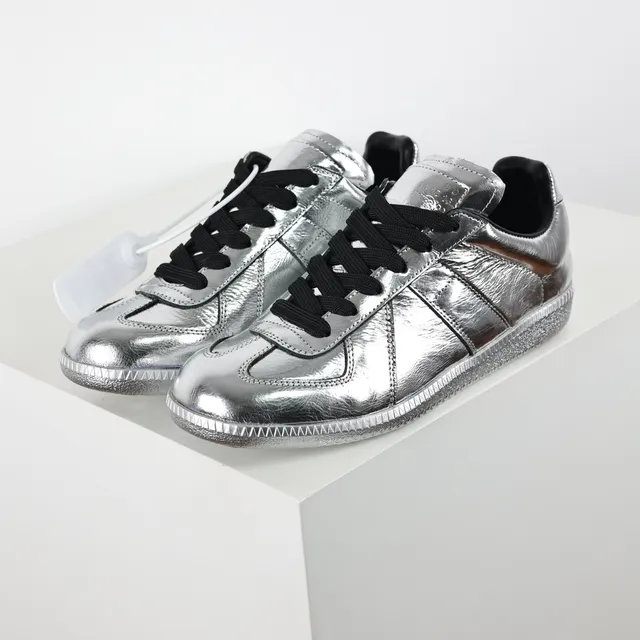 Maison Margiela Silver Black Metallic Leather Stitched Panel Construction Lifestyle Sneakers 2