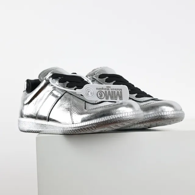 Maison Margiela Silver Black Metallic Leather Stitched Panel Construction Lifestyle Sneakers 3