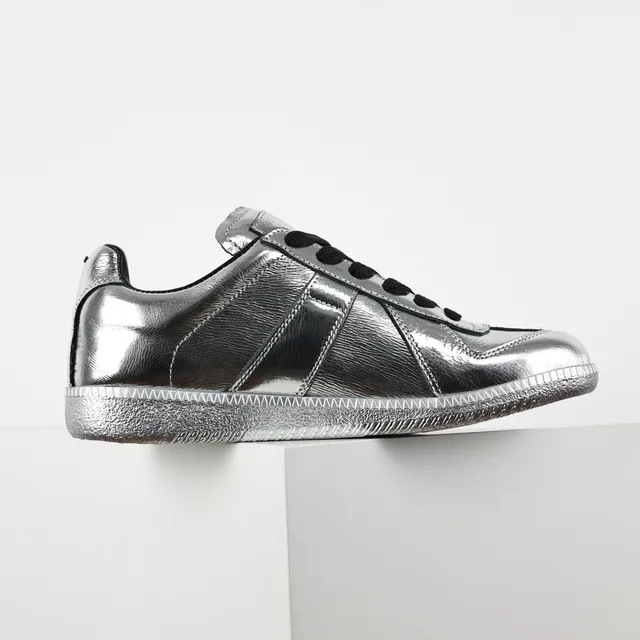 Maison Margiela Silver Black Metallic Leather Stitched Panel Construction Lifestyle Sneakers 7