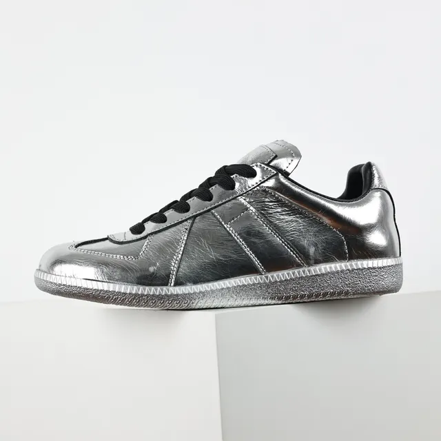 Maison Margiela Silver Black Metallic Leather Stitched Panel Construction Lifestyle Sneakers 9