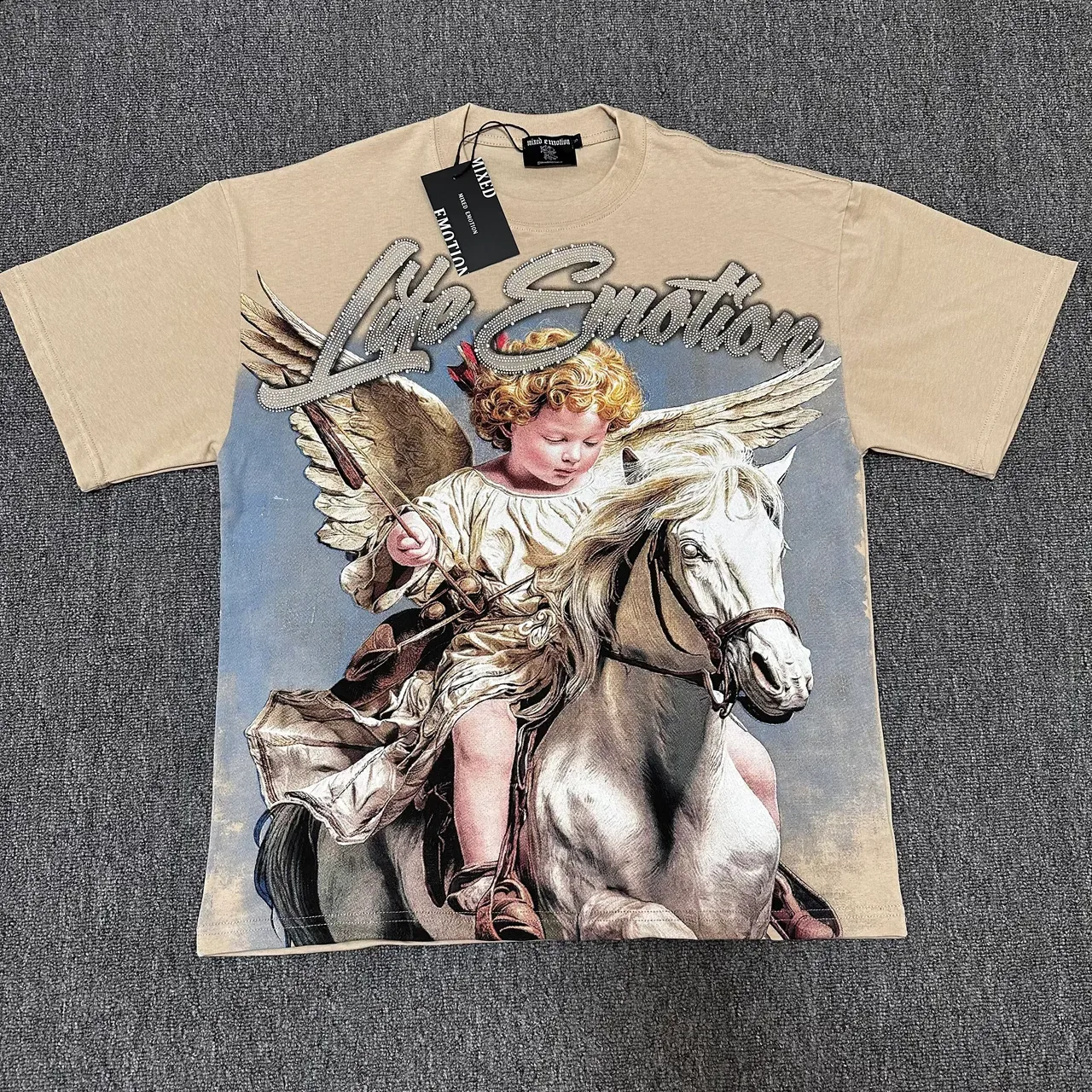 Mixed Emotion Graphic Rhinestone Cherub On Horse T-Shirt 2