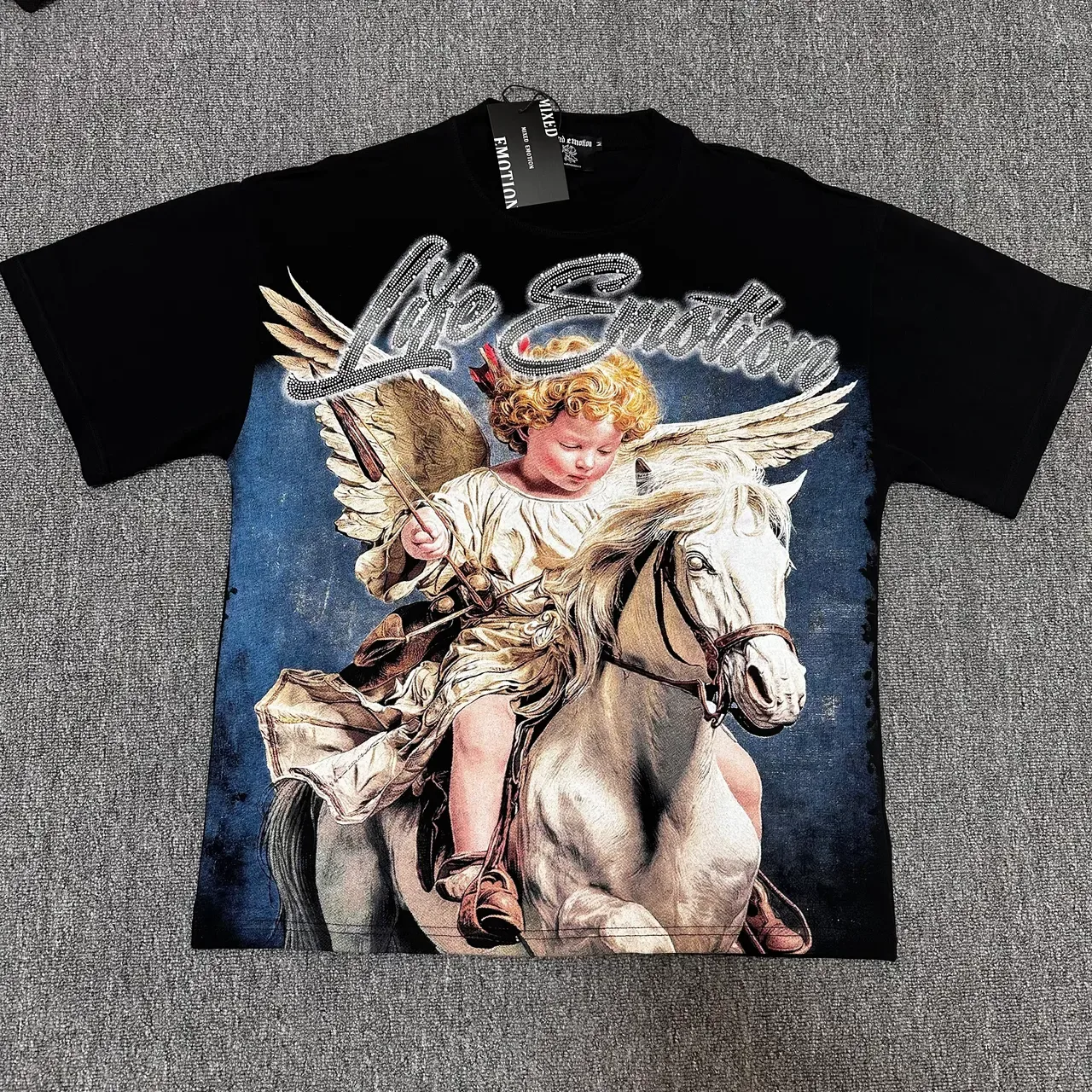 Mixed Emotion Graphic Rhinestone Cherub On Horse T-Shirt 3