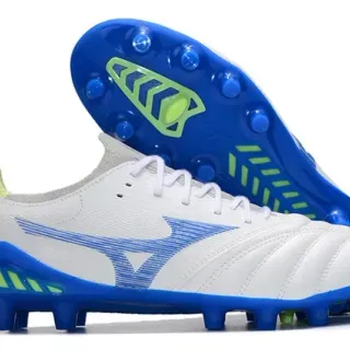 Mizuno Morelia Neo White Blue Lime Firm-Ground Soccer Shoes