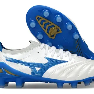 Mizuno Morelia White Blue Gold Firm-Ground Soccer Shoes