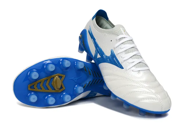 Mizuno Morelia White Blue Gold Sapatos de futebol para terreno firme 4