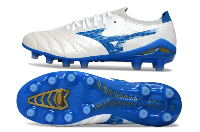 Mizuno Morelia White Blue Gold Sapatos de futebol para terreno firme 6