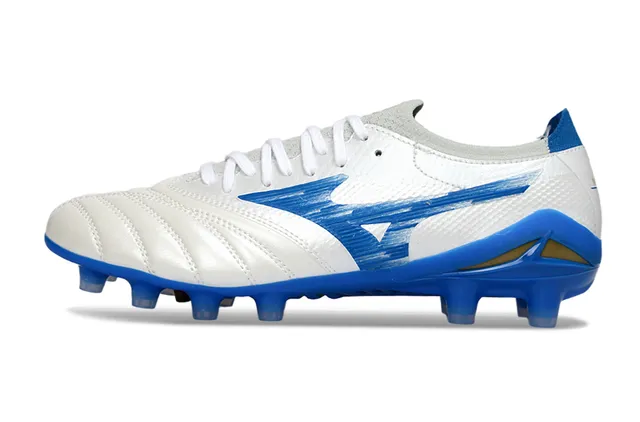 Mizuno Morelia White Blue Gold Sapatos de futebol para terreno firme 7