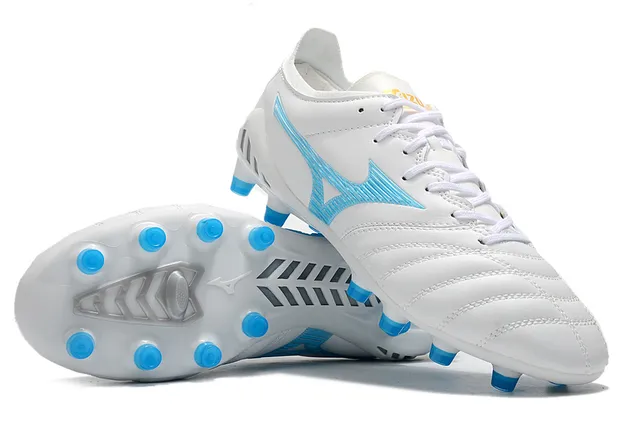 Mizuno White Blue Quilted Synthetic Upper Wave-Logo Side Panel Firm-Ground Soccer Shoes 4
