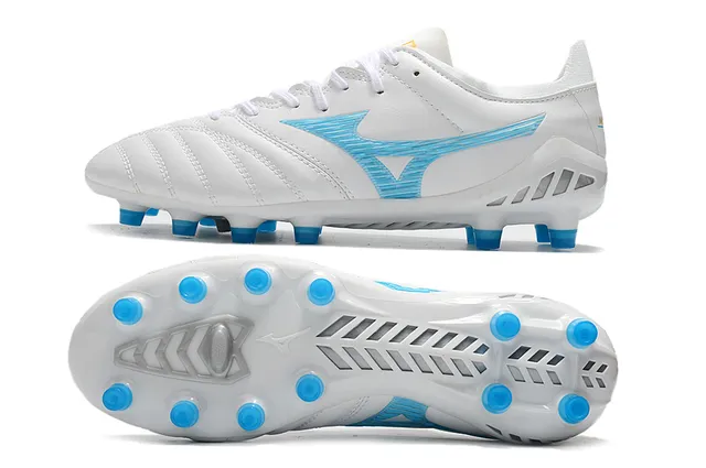 Mizuno White Blue Quilted Synthetic Upper Wave-Logo Side Panel Firm-Ground Soccer Shoes 6