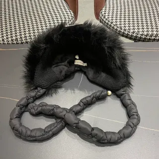 Moncler Black Beige Fur-Trimmed Knitted Crown Beanie