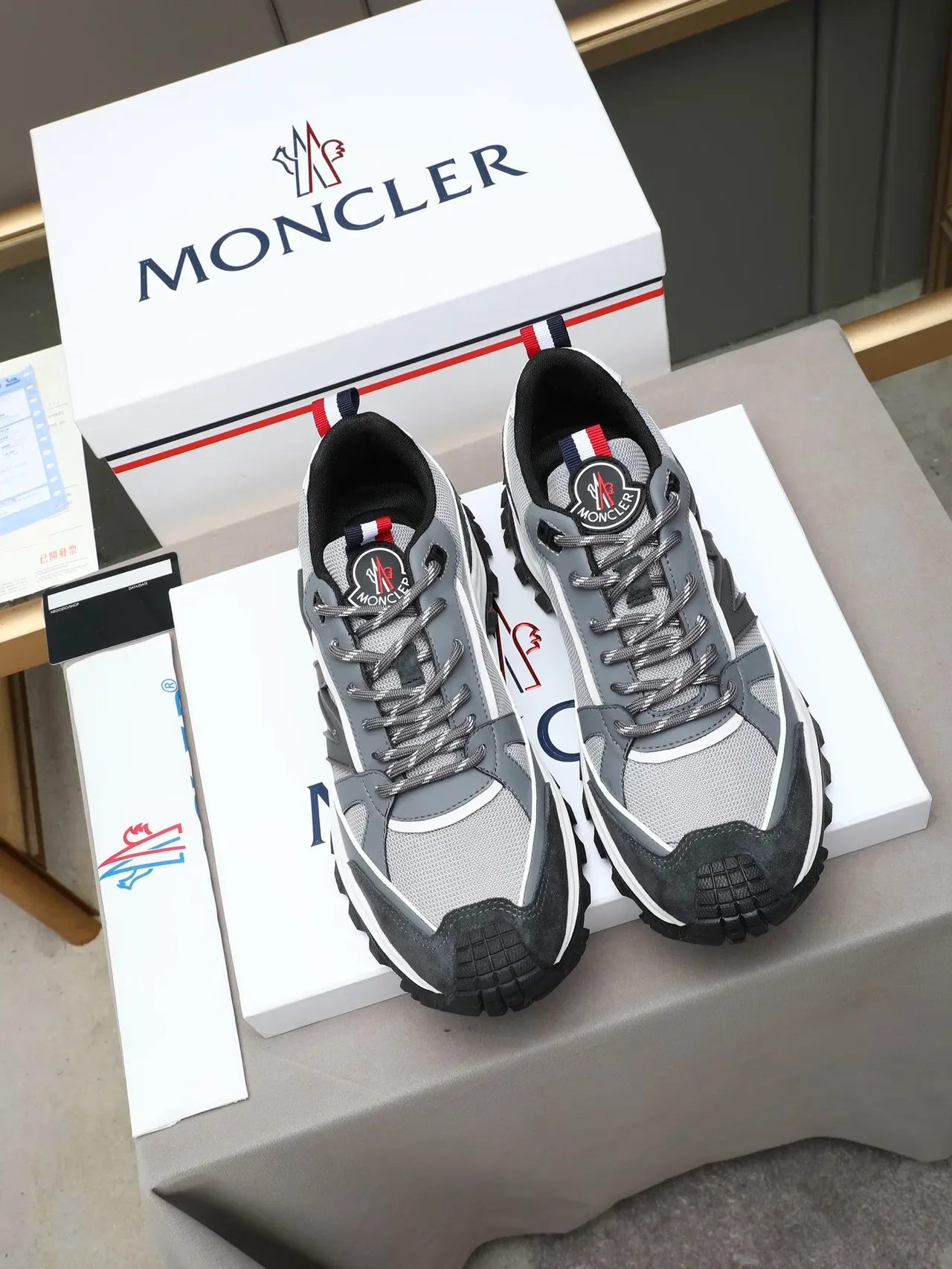Moncler Gray Black Mixed-Material Upper Rugged Lugged Outsole Chunky Sneakers 3