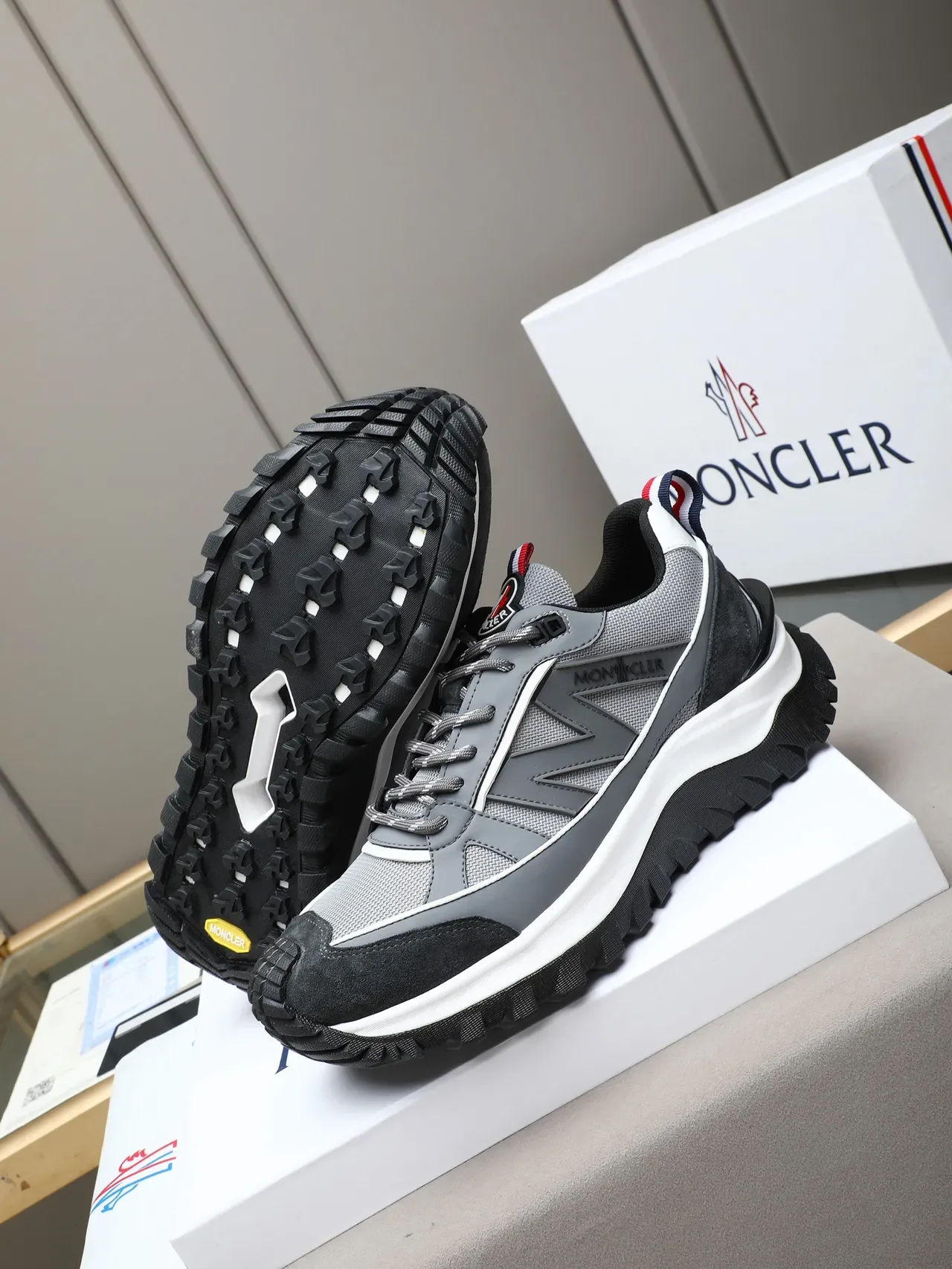 Moncler Gray Black Mixed-Material Upper Rugged Lugged Outsole Chunky Sneakers 5