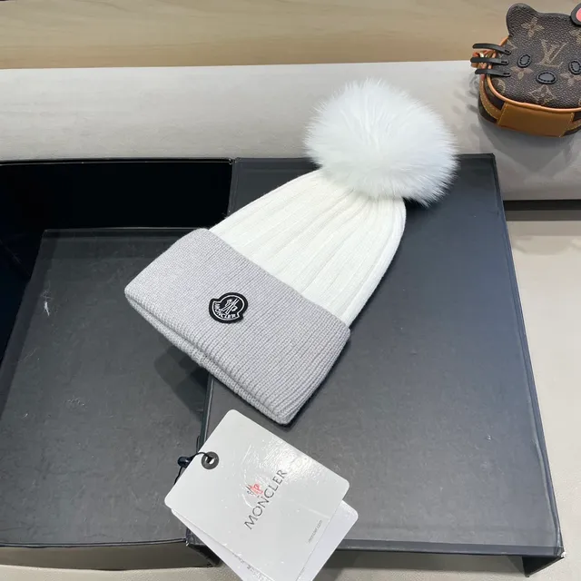 Moncler Gray White Ribbed Knit Logo Patch Beanie 3