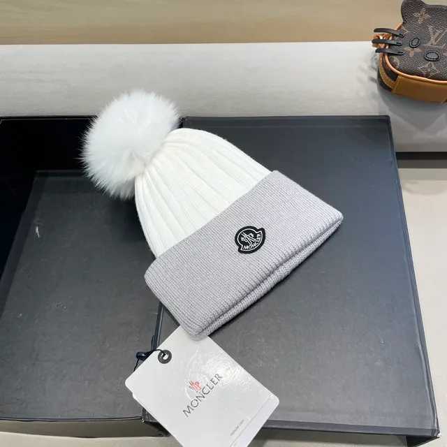 Moncler Gray White Ribbed Knit Logo Patch Beanie 4