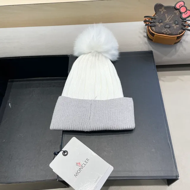Moncler Gray White Ribbed Knit Logo Patch Beanie 8
