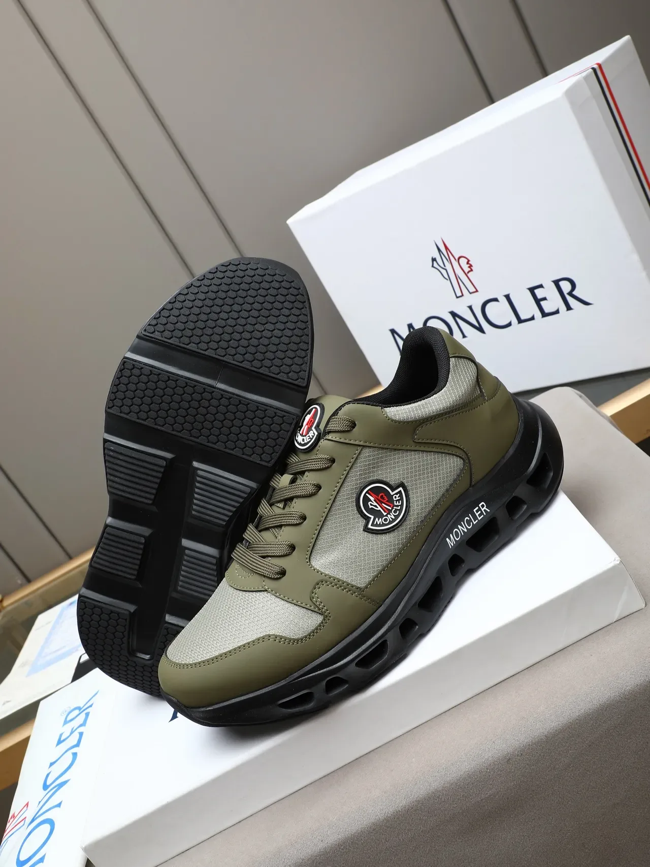 Moncler Olive Green and Gray Mesh Lifestyle Sneakers 3