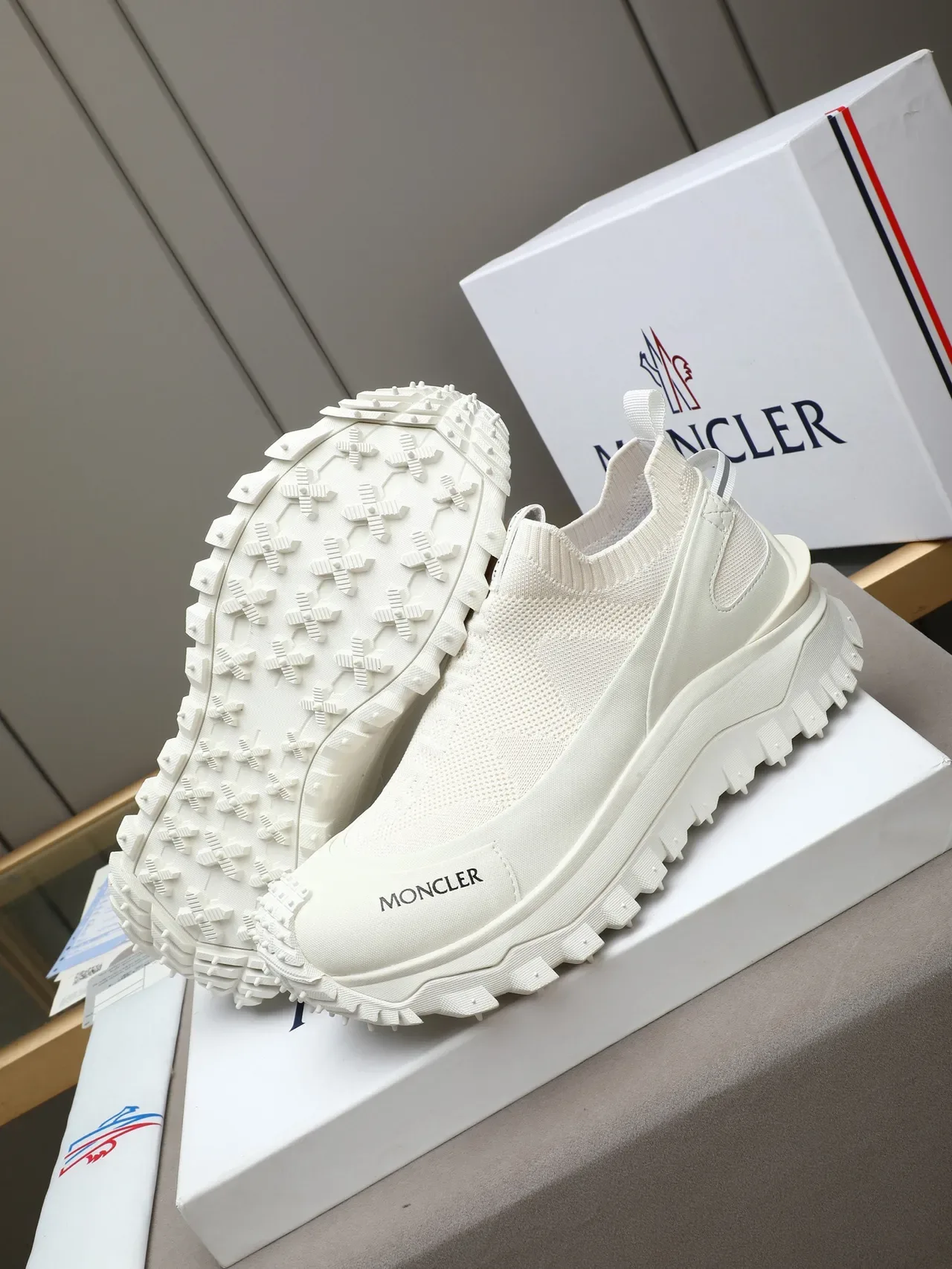 Moncler White Sock-Fit Knit Chunky Sneaker 4