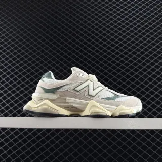 New Balance 9060 米色绿色拼接网面和麂皮厚底鞋