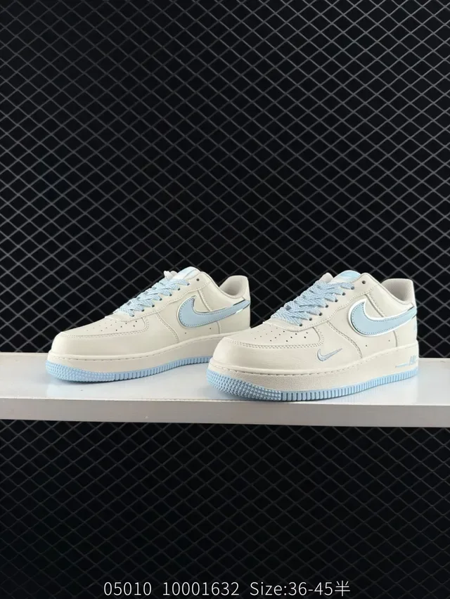 Nike Air Force 1 Beige and Light Blue Leather Lifestyle Sneakers 3