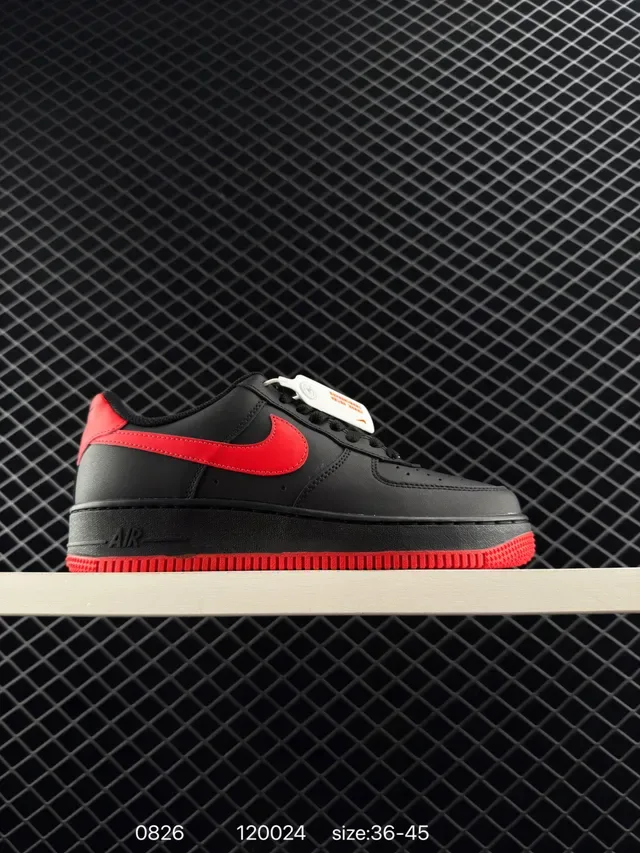 Nike Air Force 1 Black Red Low-Top Perforated Toe Lifestyle Sneakers 2
