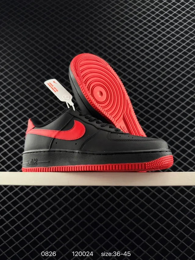 Nike Air Force 1 Black Red Low-Top Perforated Toe Lifestyle Sneakers 3