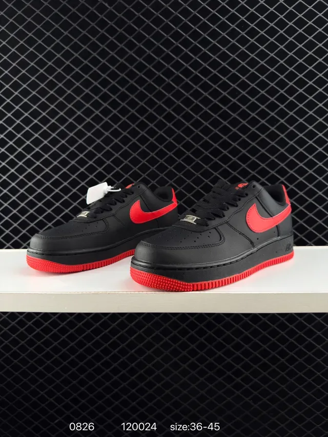 Nike Air Force 1 Black Red Low-Top Perforated Toe Lifestyle Sneakers 4