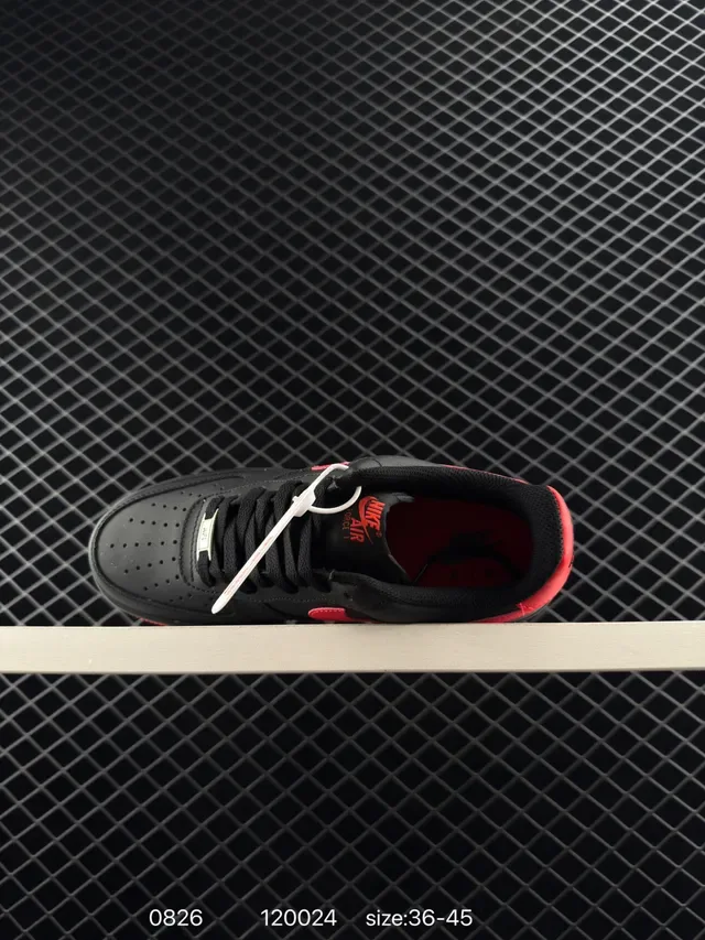 Nike Air Force 1 Black Red Low-Top Perforated Toe Lifestyle Sneakers 6