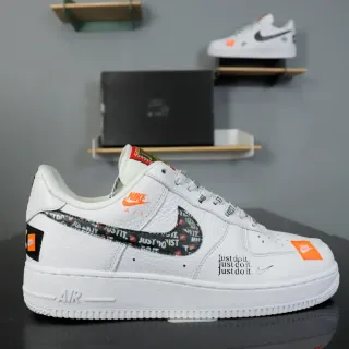 Nike Air Force 1 White Orange Black Text Tape Lifestyle Sneakers