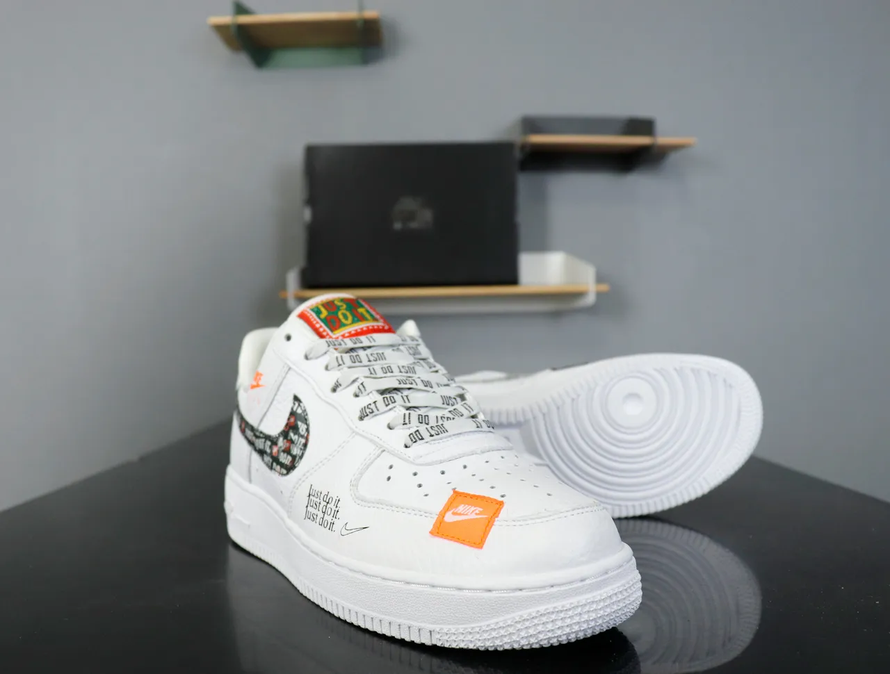 Nike Air Force 1 White Orange Black Text Tape Lifestyle Sneakers 12