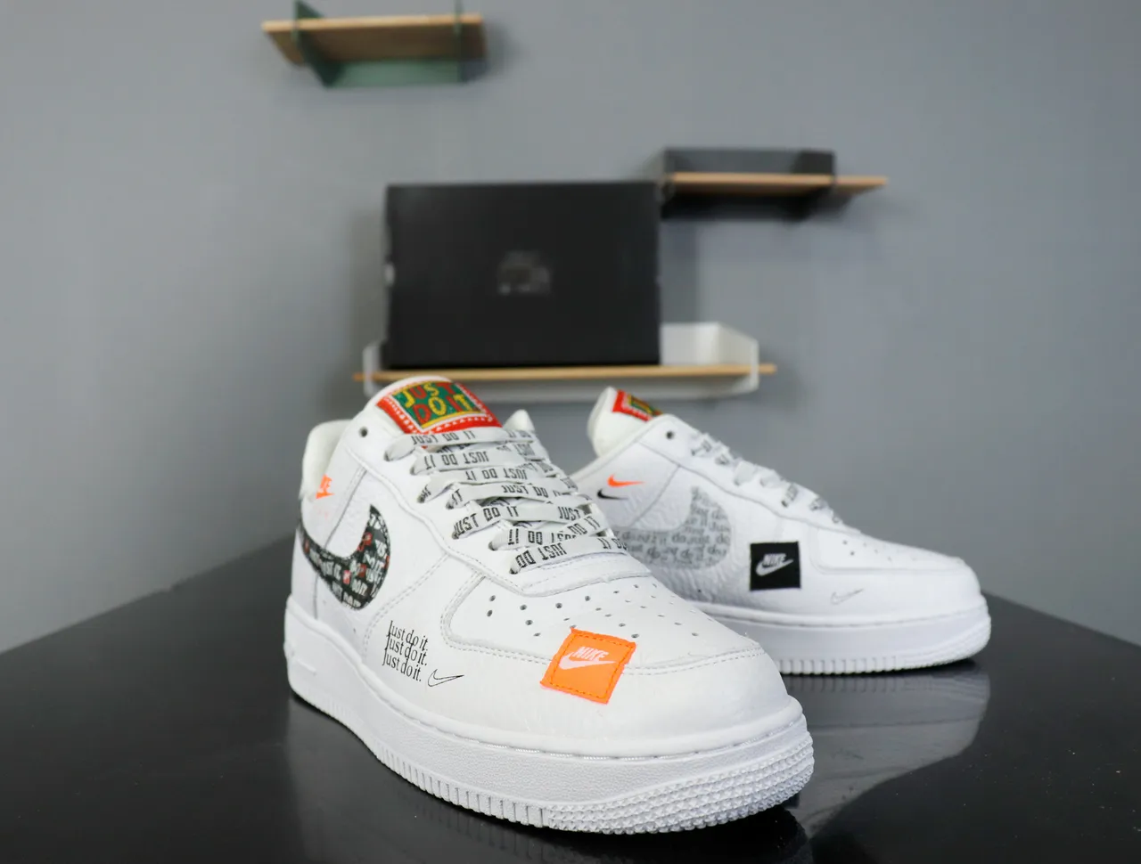 Nike Air Force 1 White Orange Black Text Tape Lifestyle Sneakers 13