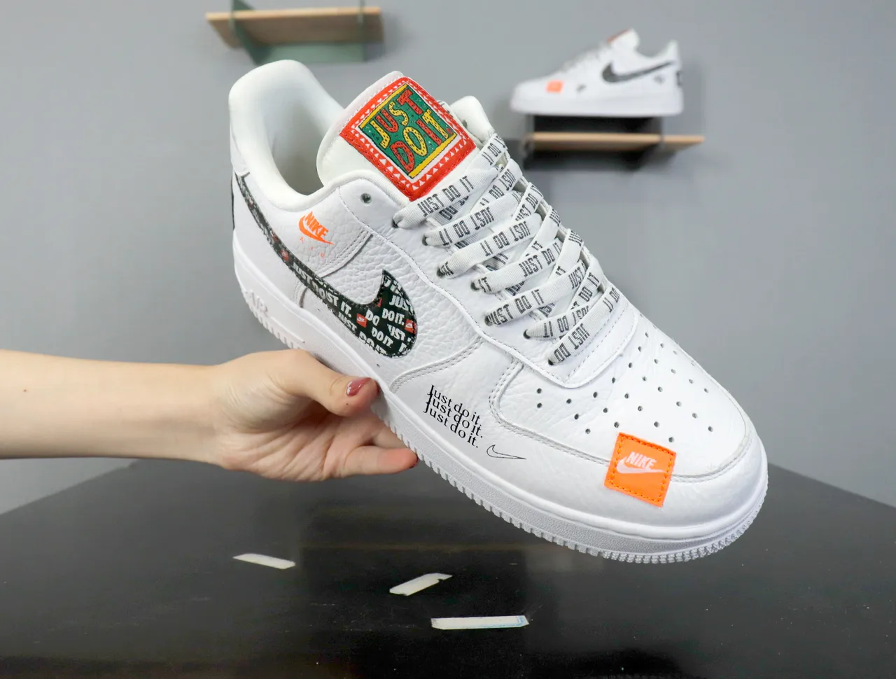Nike Air Force 1 White Orange Black Text Tape Lifestyle Sneakers 18
