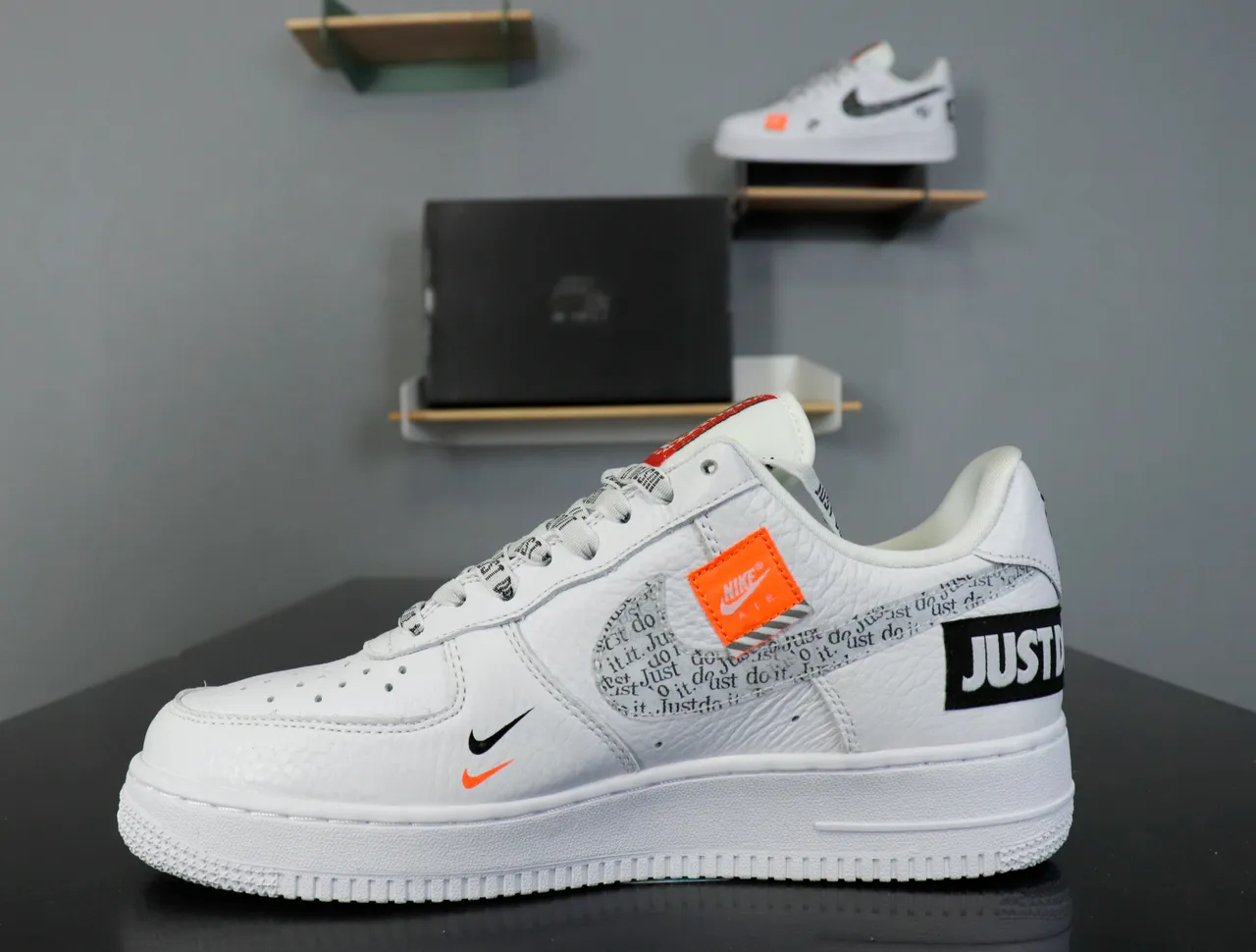 Nike Air Force 1 White Orange Black Text Tape Lifestyle Sneakers 20