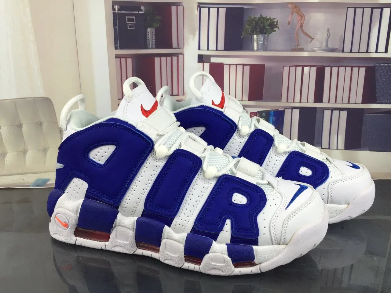 Nike Air More Uptempo White and Royal Blue Basketball Shoes 12