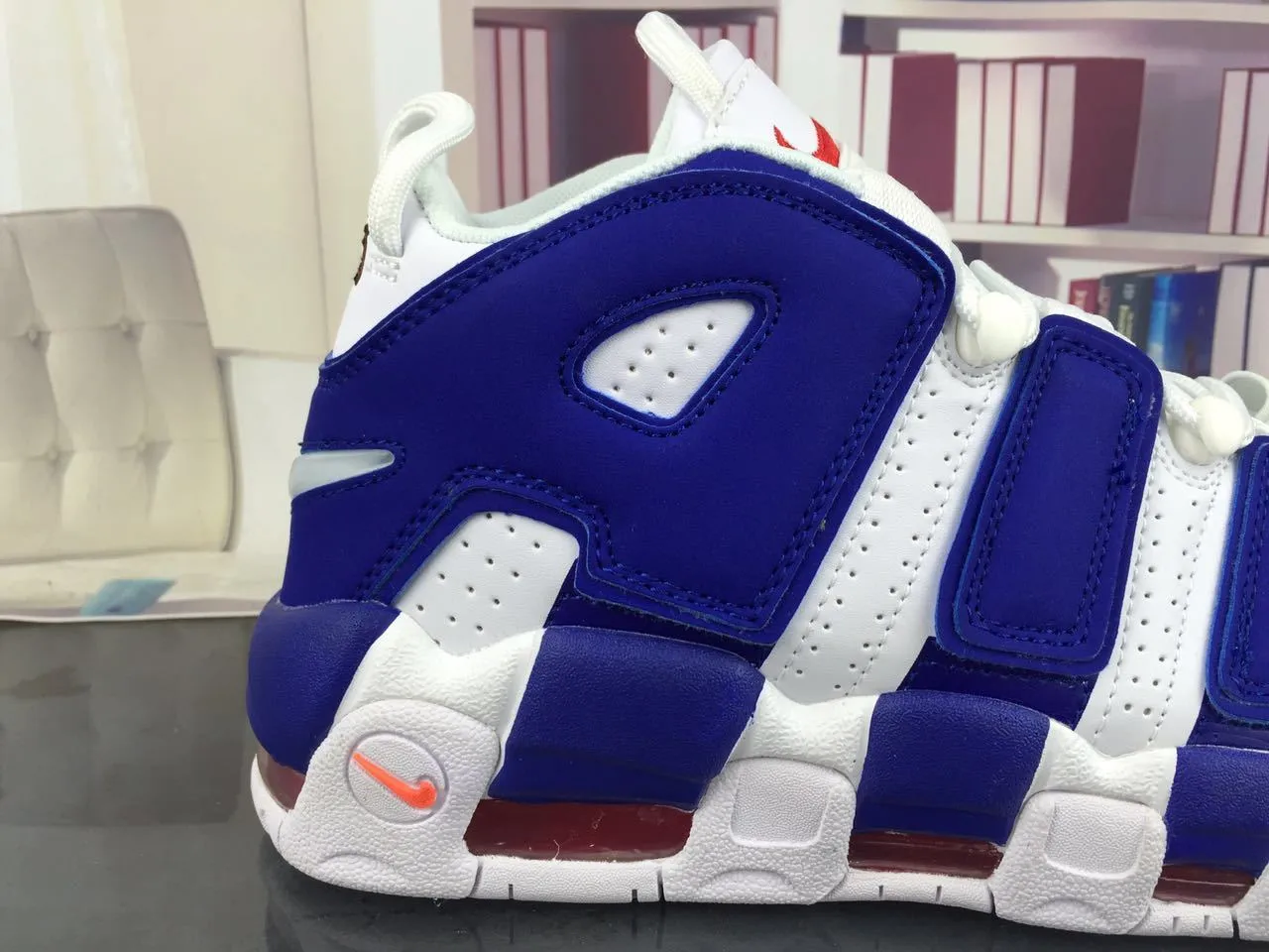 Nike Air More Uptempo White and Royal Blue Basketball Shoes 17