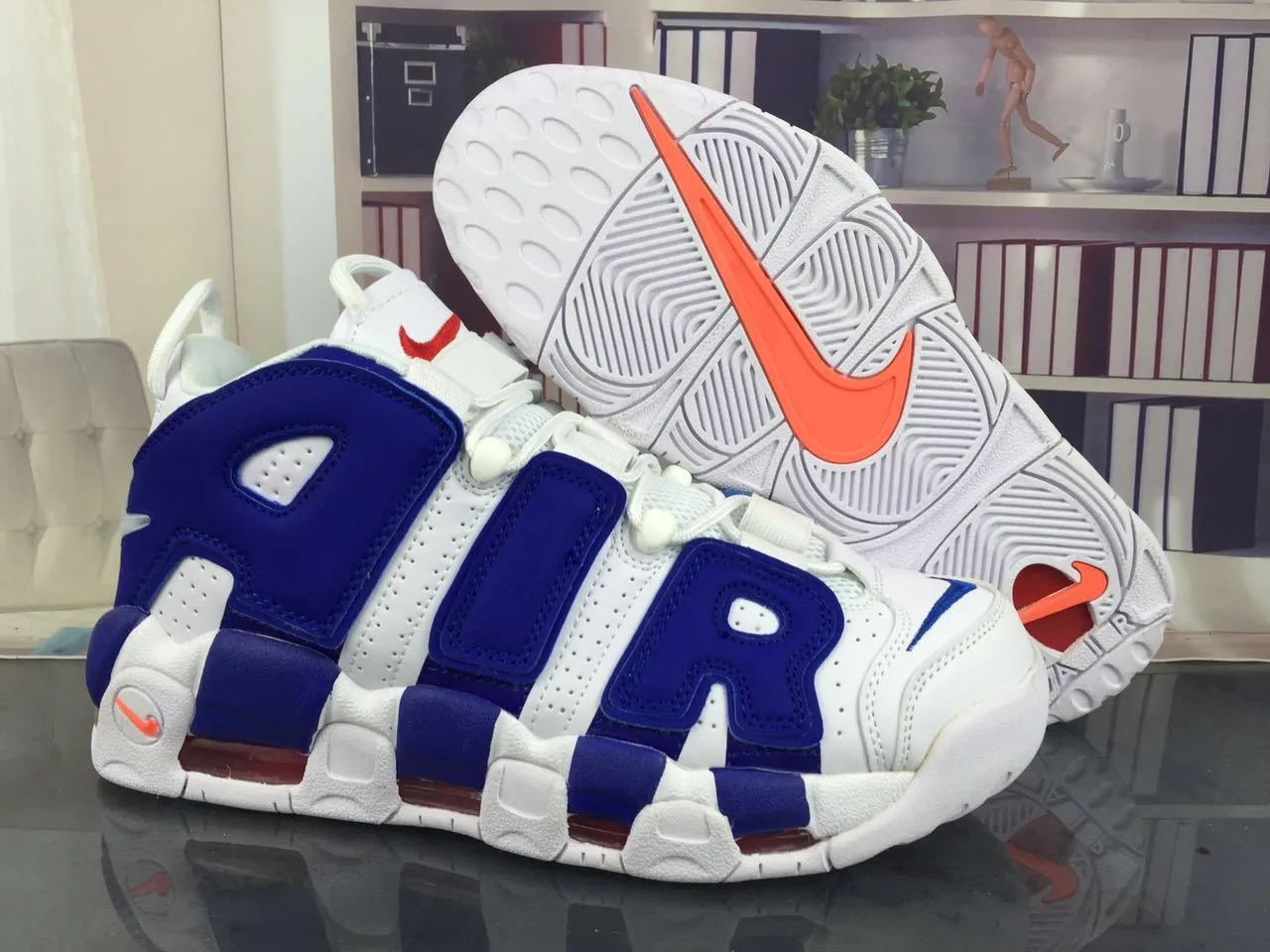 Nike Air More Uptempo White and Royal Blue Basketball Shoes 19