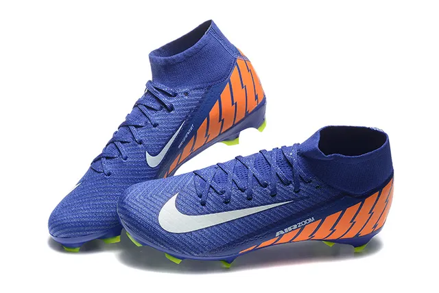 Nike Bleu Orange Haut-Coupé Col Ajusté Chaussure Flyknit Upper Surface Firme Chaussures de Football 3
