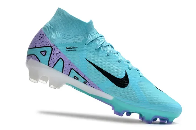 Nike أحذية كرة القدم أزرق بنفسجي عالي القطع Flyknit علوة ربط غير متناظر أرضية صلبة 2
