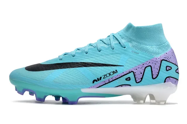 Nike أحذية كرة القدم أزرق بنفسجي عالي القطع Flyknit علوة ربط غير متناظر أرضية صلبة 7
