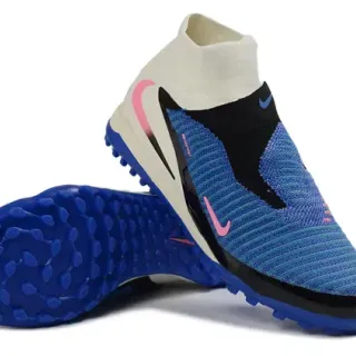 Nike Zapatos de fútbol azul blanco con upper de knit, cuello alto, sock-fit, para turf