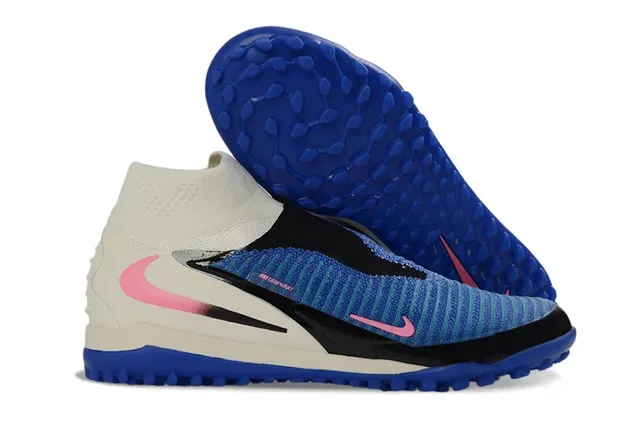 Nike Chaussures de football bleu blanc avec upper en knit, col haut, sock-fit, pour turf 13
