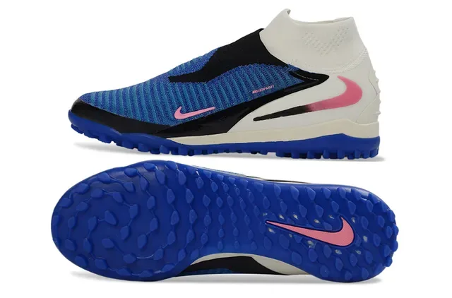 Nike Chaussures de football bleu blanc avec upper en knit, col haut, sock-fit, pour turf 14
