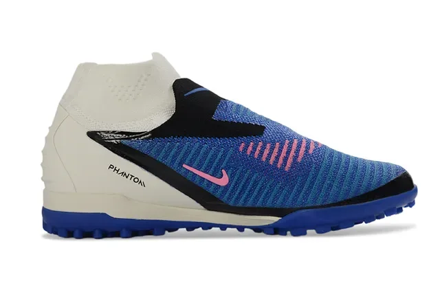 Nike Chaussures de football bleu blanc avec upper en knit, col haut, sock-fit, pour turf 16