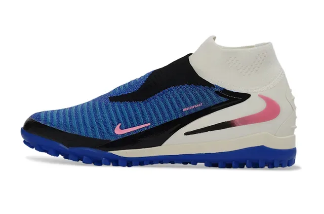 Nike Chaussures de football bleu blanc avec upper en knit, col haut, sock-fit, pour turf 17