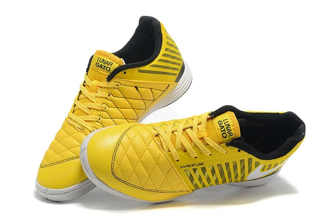Nike Hypervenom Indoor Sapatos de Futebol Indoor Amarelo Preto Box de Dedos Acolchoado Listras Verticais Overlays Sintéticos Sapatos de Futebol Indoor 4