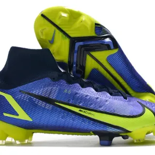 Nike Mercurial Blue Yellow High-Cut Sock-Fit Collar Textured Synthetic Upper Firm-Ground Soccer Shoes