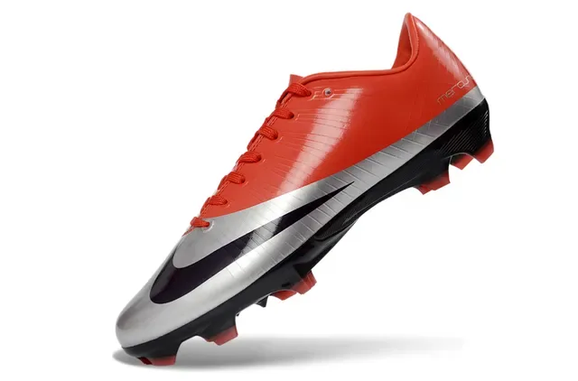 Nike Mercurial Vermelho Prata Baixo Corte Upper Sintético Textura Ribeteada Sola Firme Sapatos de Futebol 3